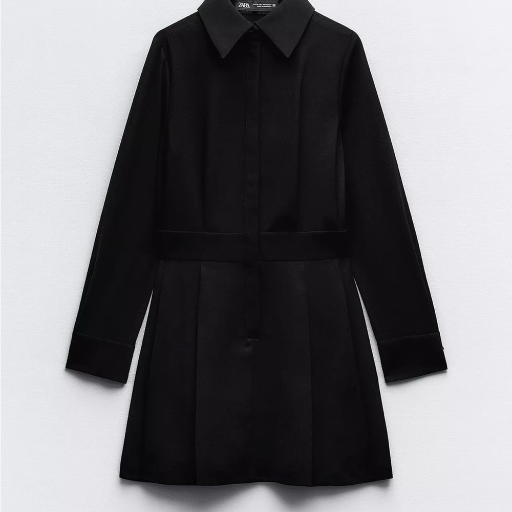 ZARA Black Long-Sleeve Shirt Mini Dress with Waist Seam